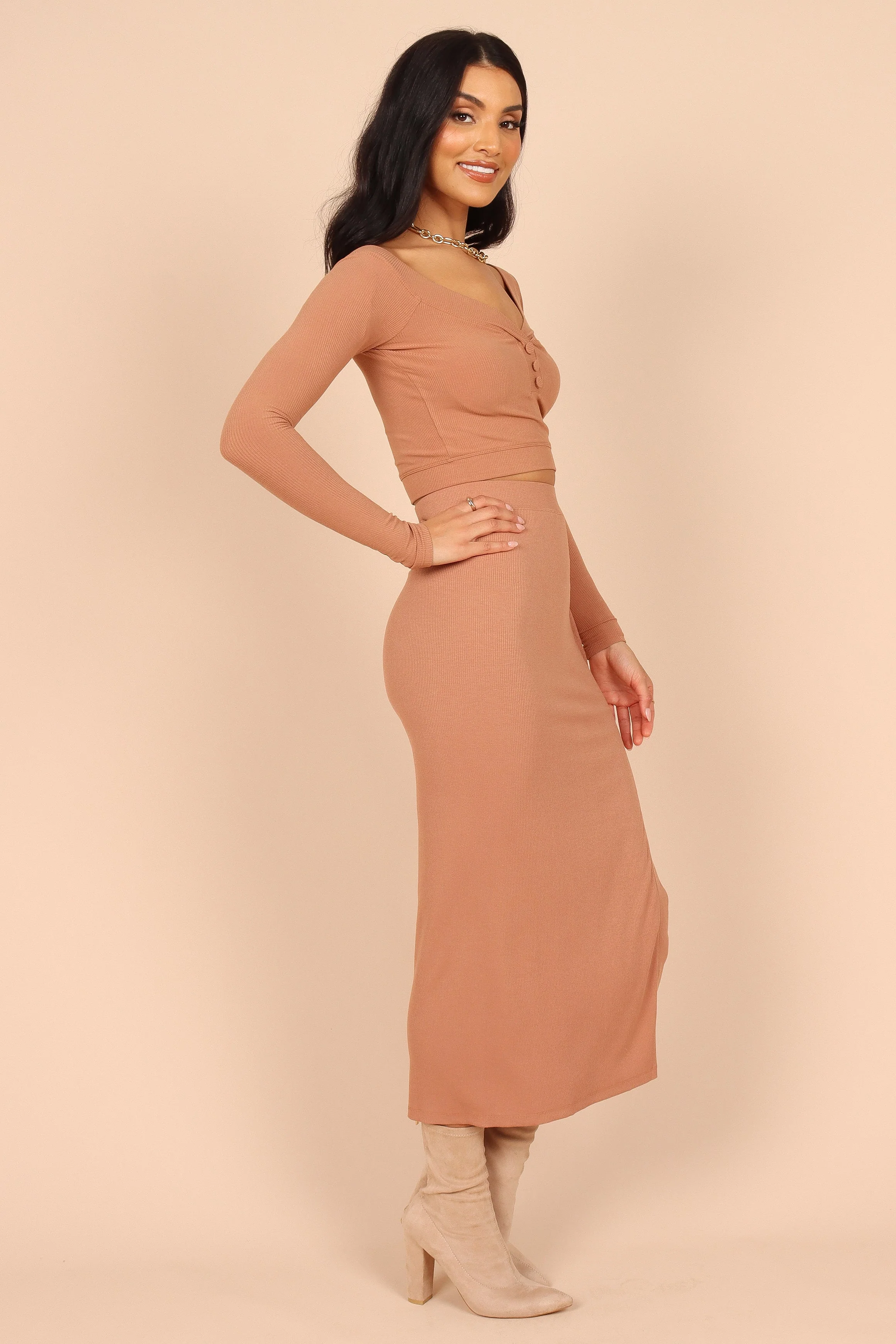 Amara Button Detail Set - Dusty Brown - Image 6