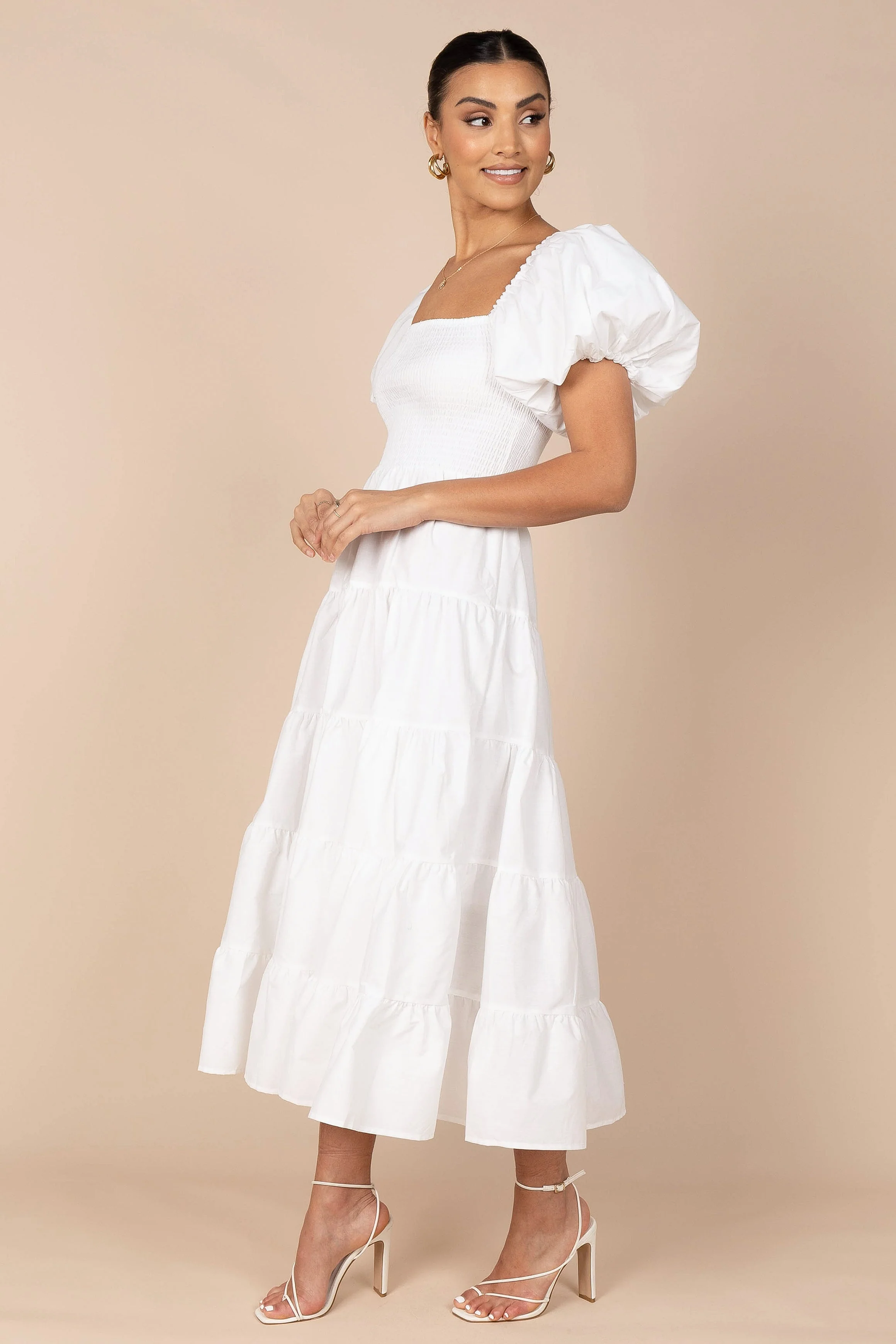 Annette Puff Sleeve Shirred Midi Dress - White - Image 4
