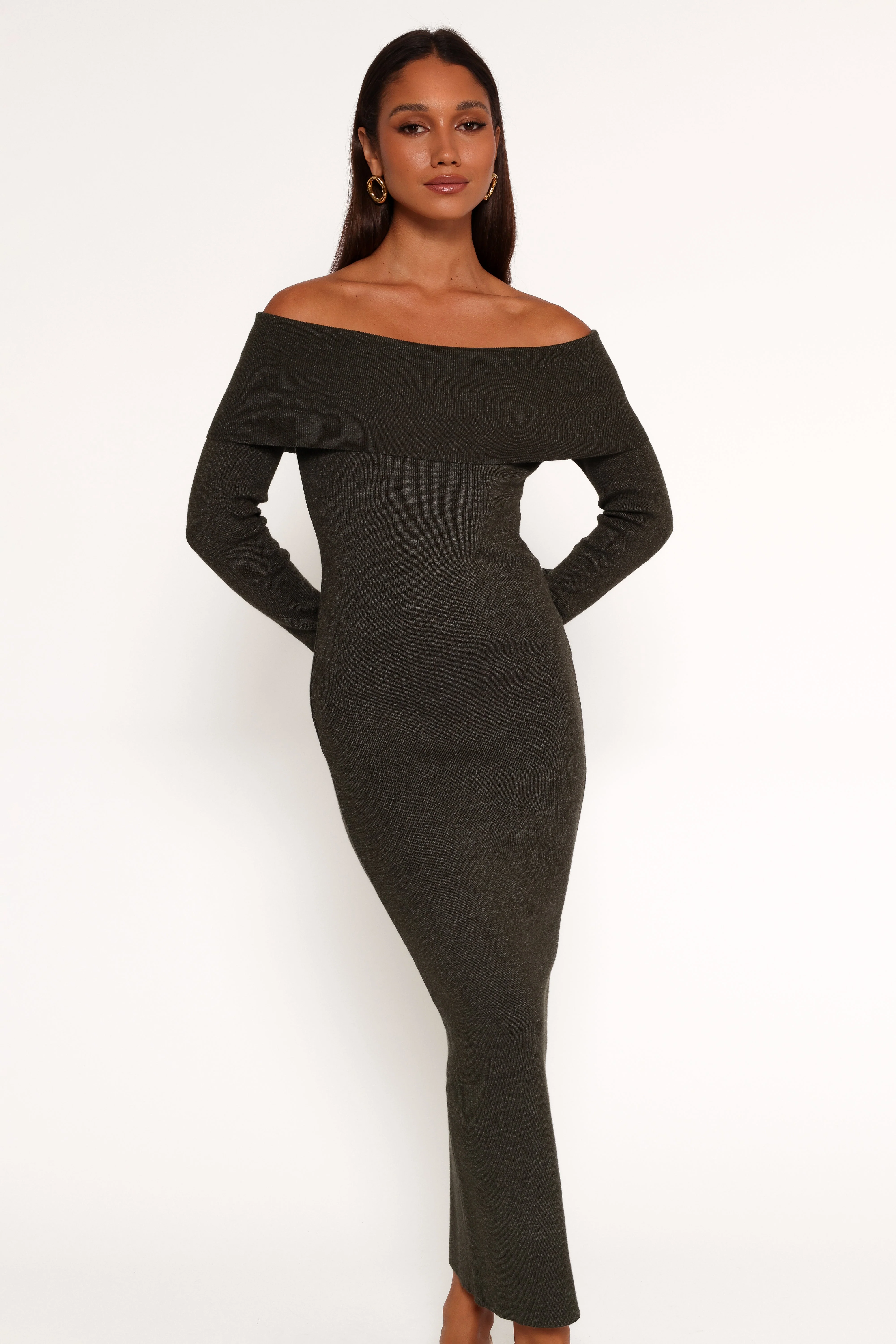 Archie Off The Shoulder Midi Dress - Olive - Image 3