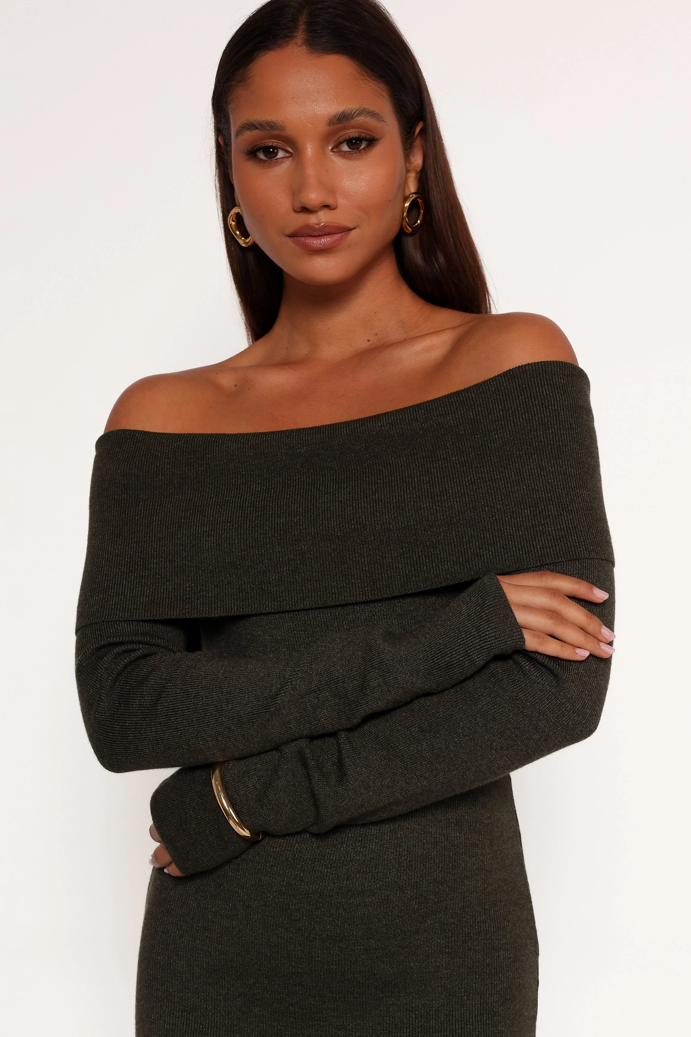 Archie Off The Shoulder Midi Dress - Olive - Image 5