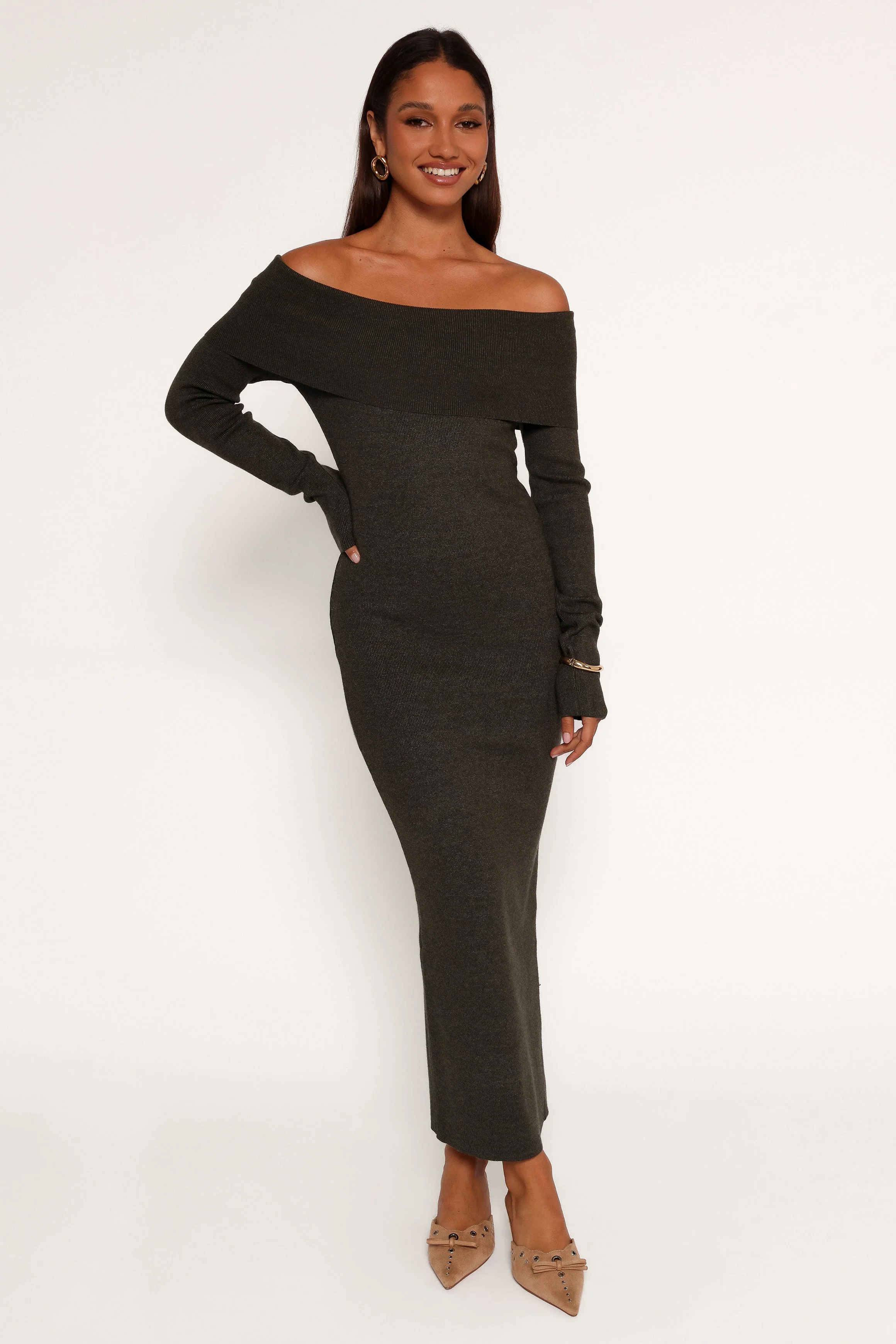 Archie Off The Shoulder Midi Dress - Olive - Image 7