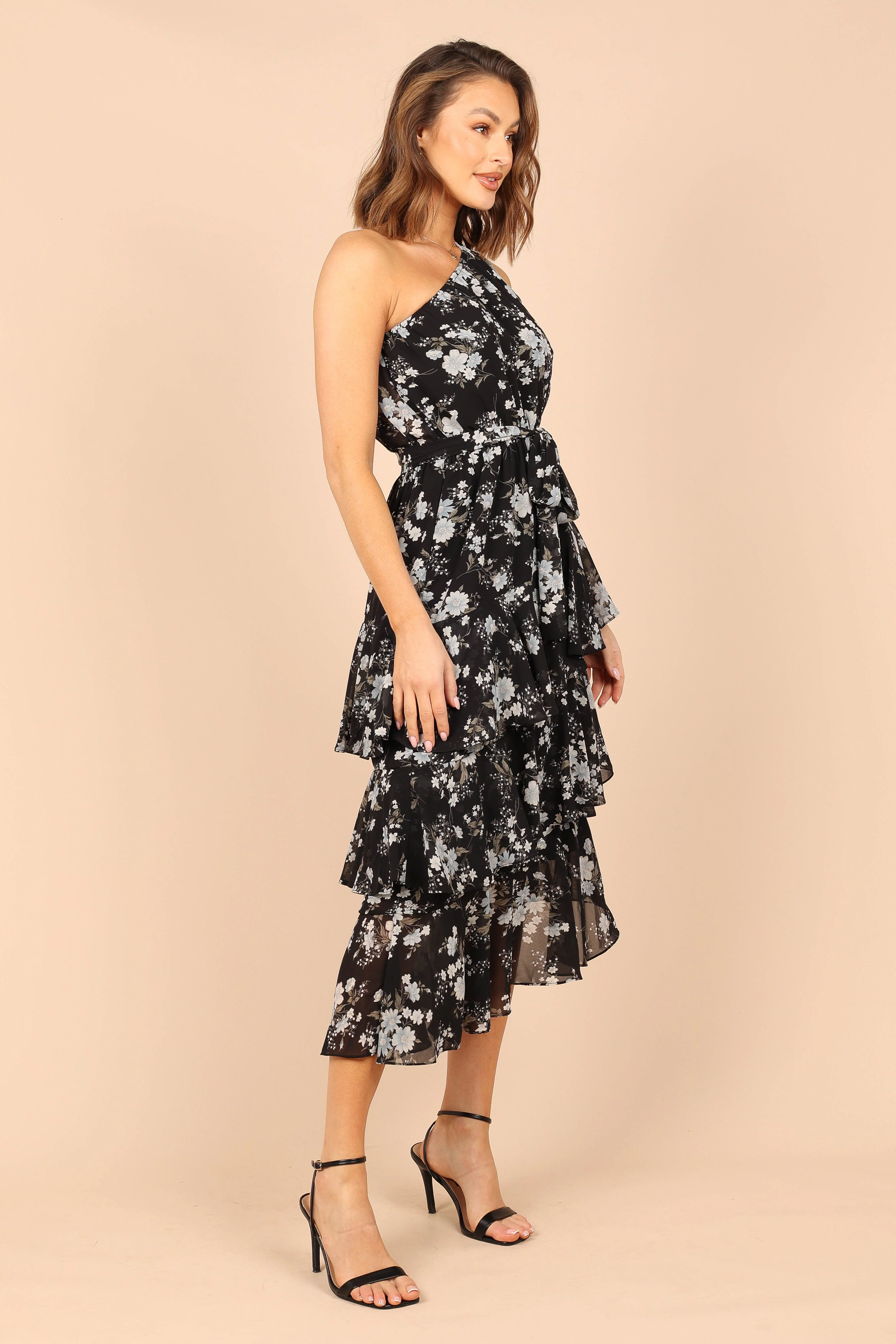 Brigette One Shoulder Tiered Midi Dress - Black Floral - Image 4