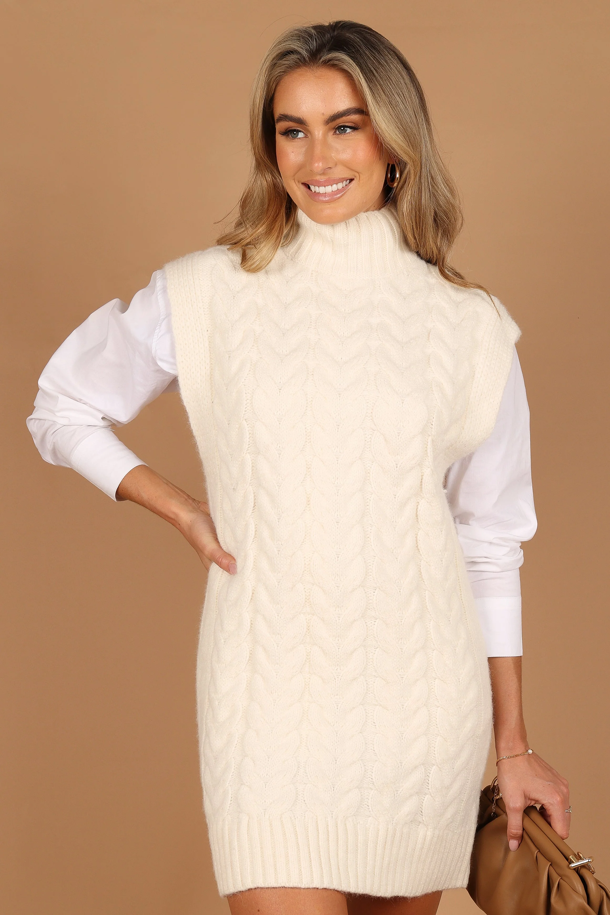 Cozette Turtle Neck Sleeveless Mini Knit Dress - Cream - Image 4