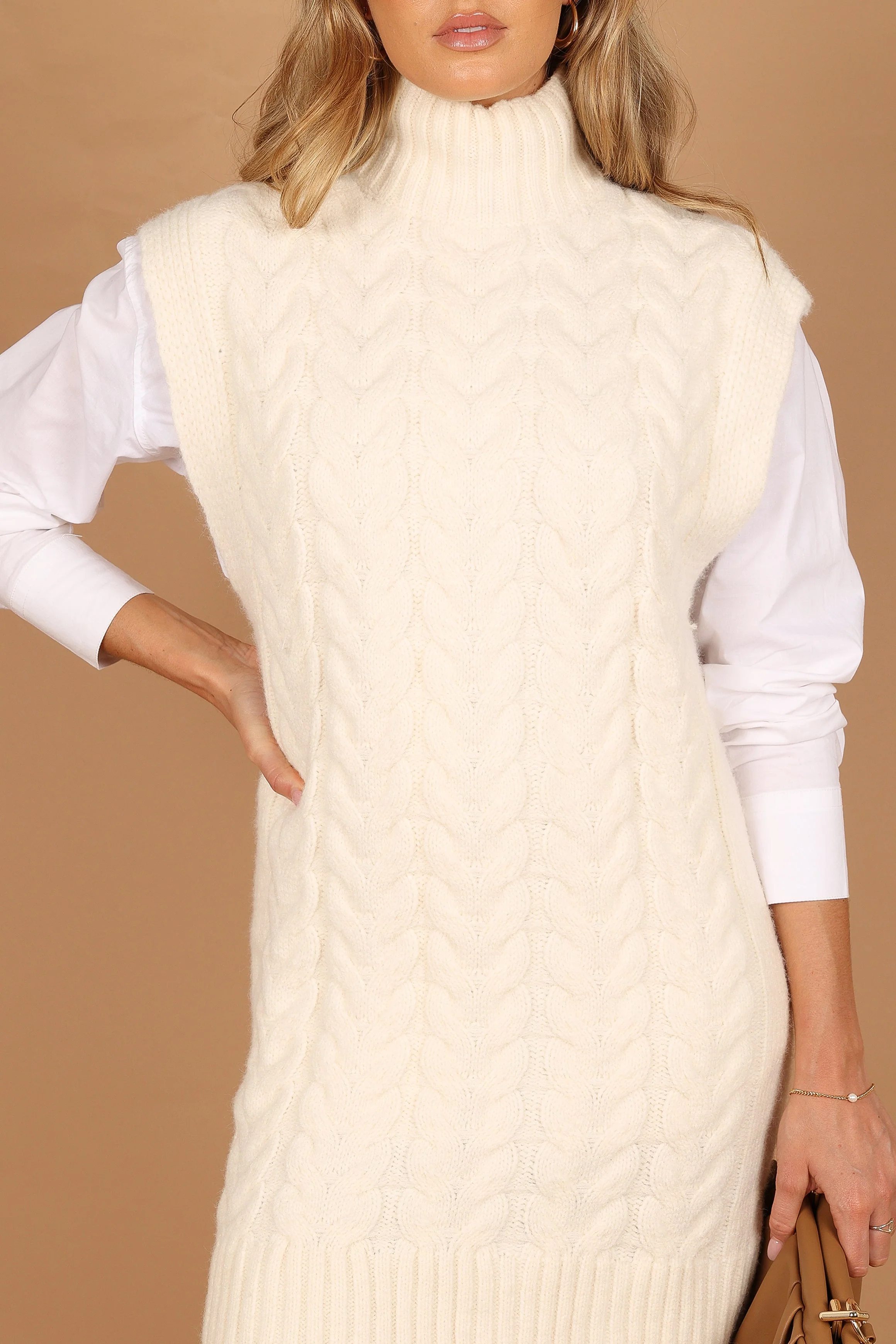 Cozette Turtle Neck Sleeveless Mini Knit Dress - Cream - Image 5