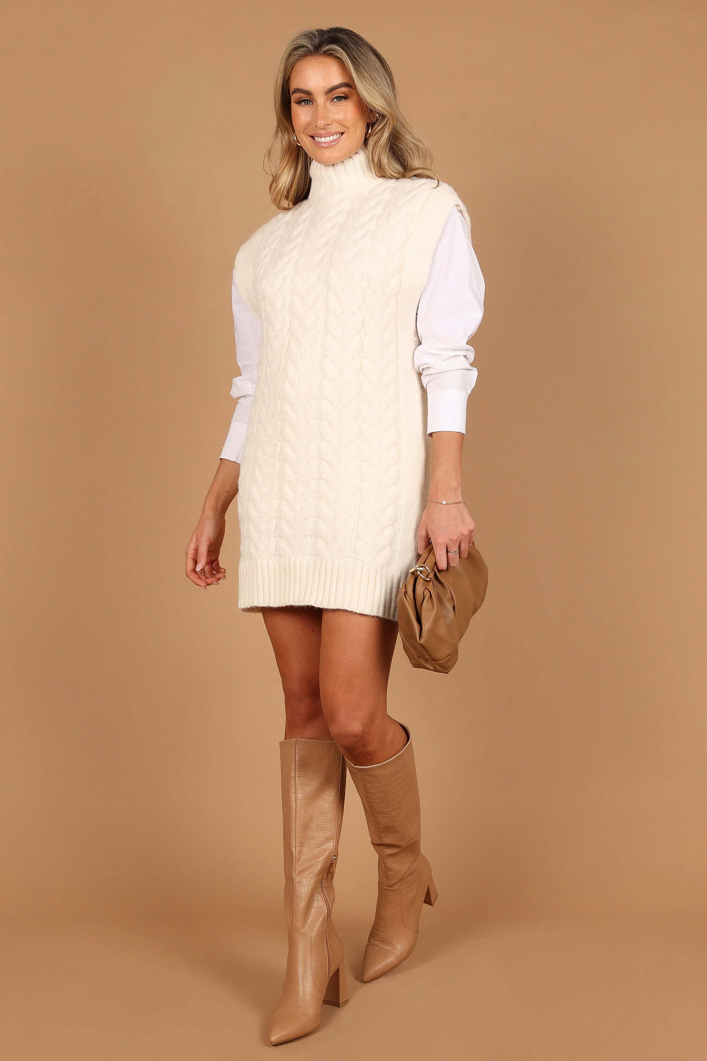 Cozette Turtle Neck Sleeveless Mini Knit Dress - Cream - Image 7