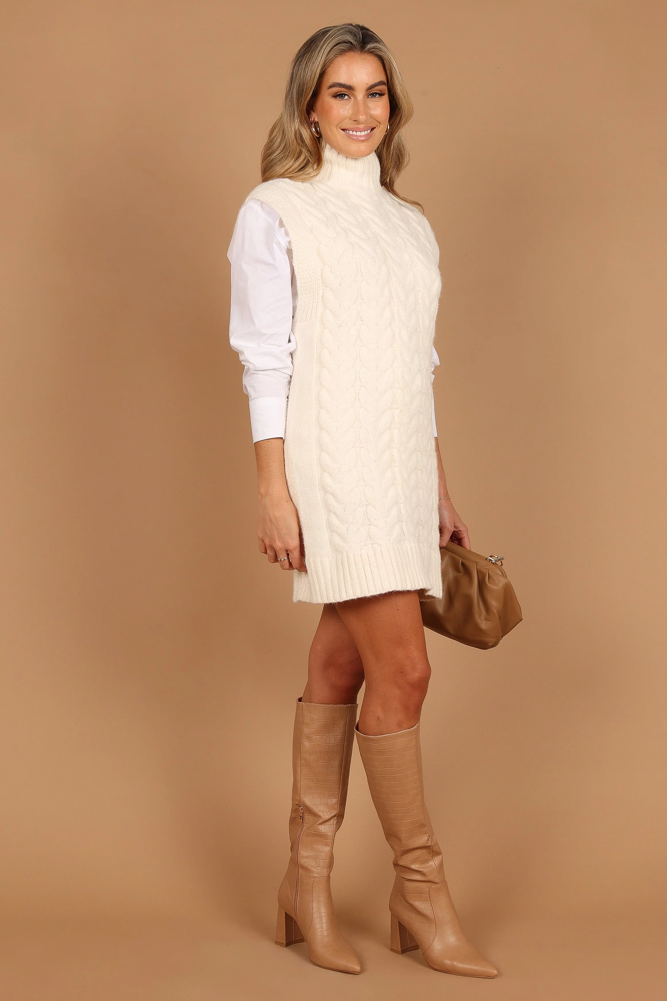 Cozette Turtle Neck Sleeveless Mini Knit Dress - Cream - Image 9