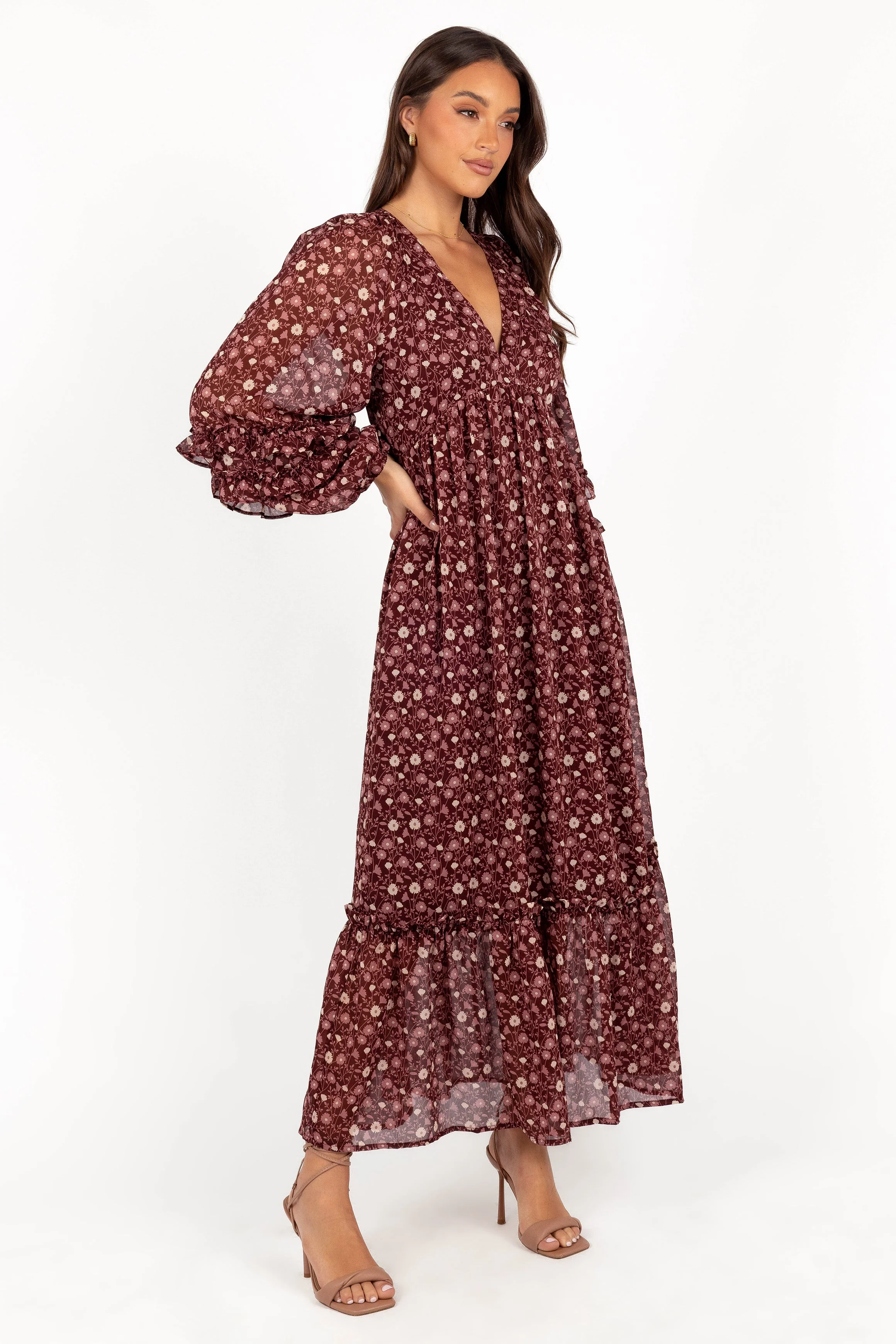 Evian Long Sleeve Maxi Dress - Burgundy Multi - Image 7