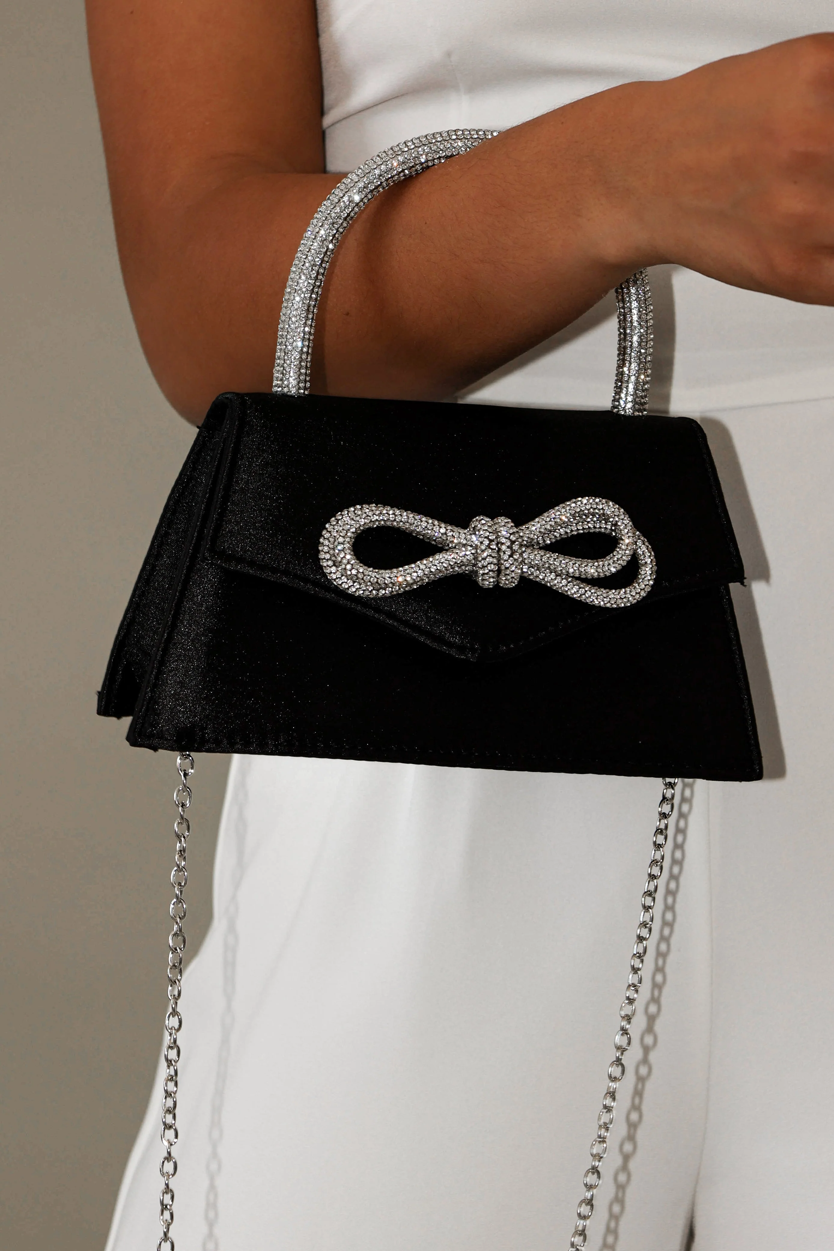 Flicka Rhinestone Bow Bag - Black Satin - Image 3