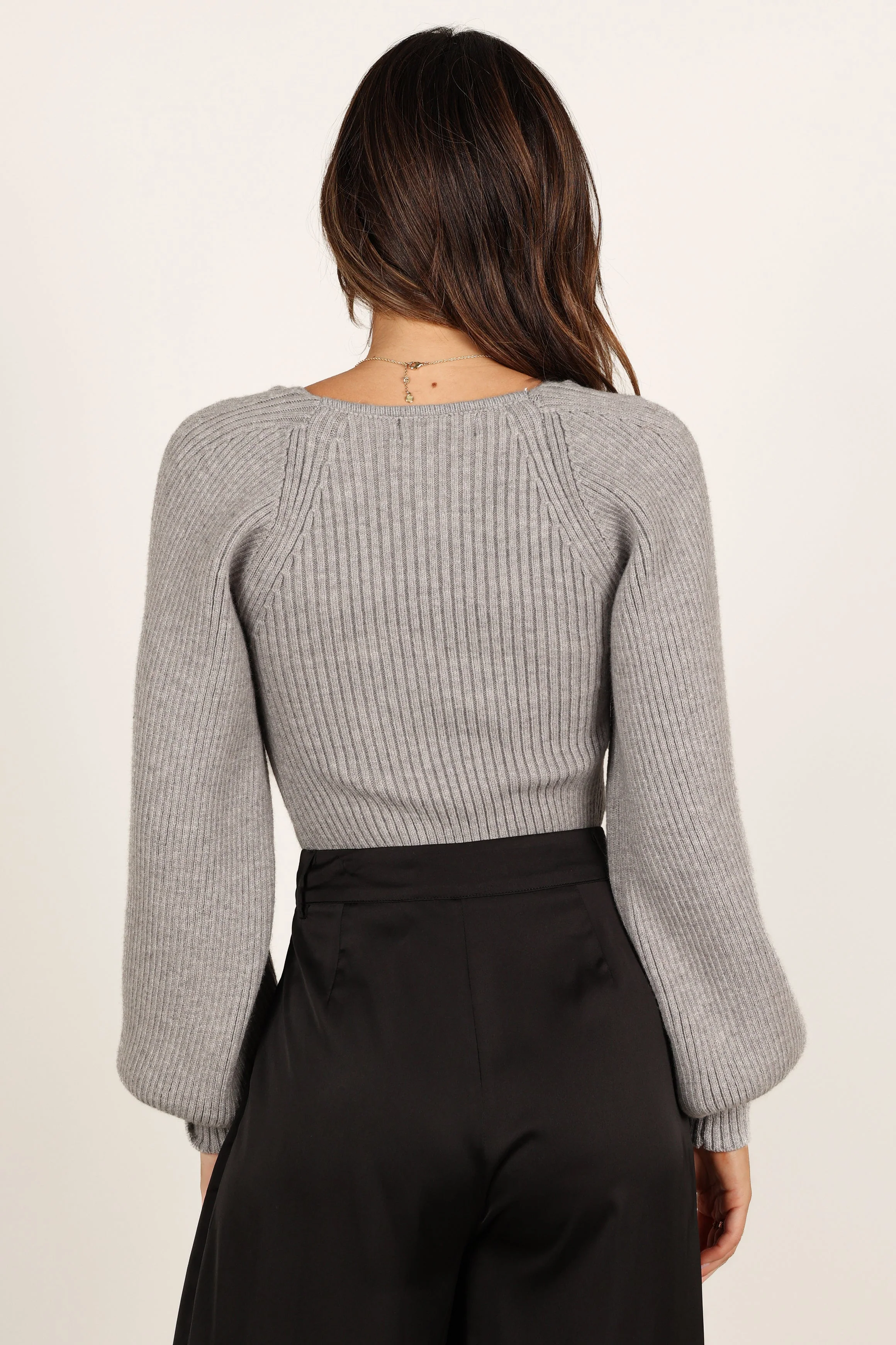 Gia Sweetheart Neck Bell Sleeve Knit Sweater - Light Grey - Image 5