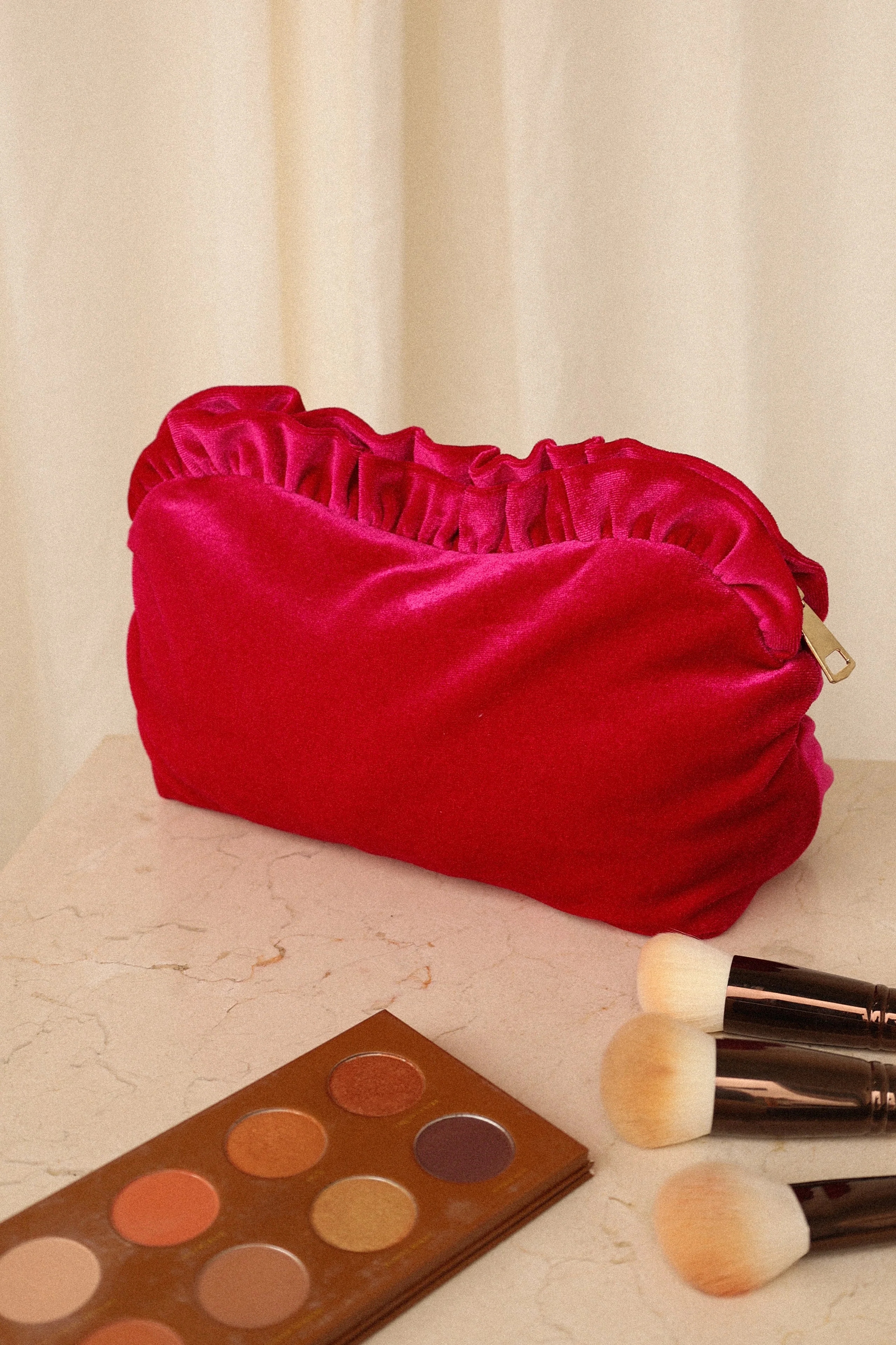 Large Velvet Ruffle Pouch - Magenta - Image 4