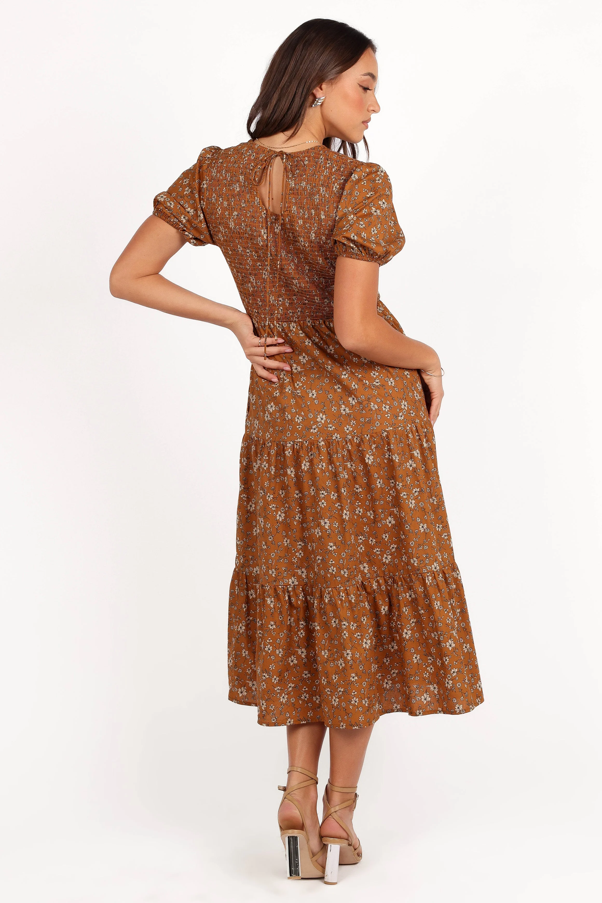Naura Shirred Tiered Midi Dress - Cognac Floral - Image 7