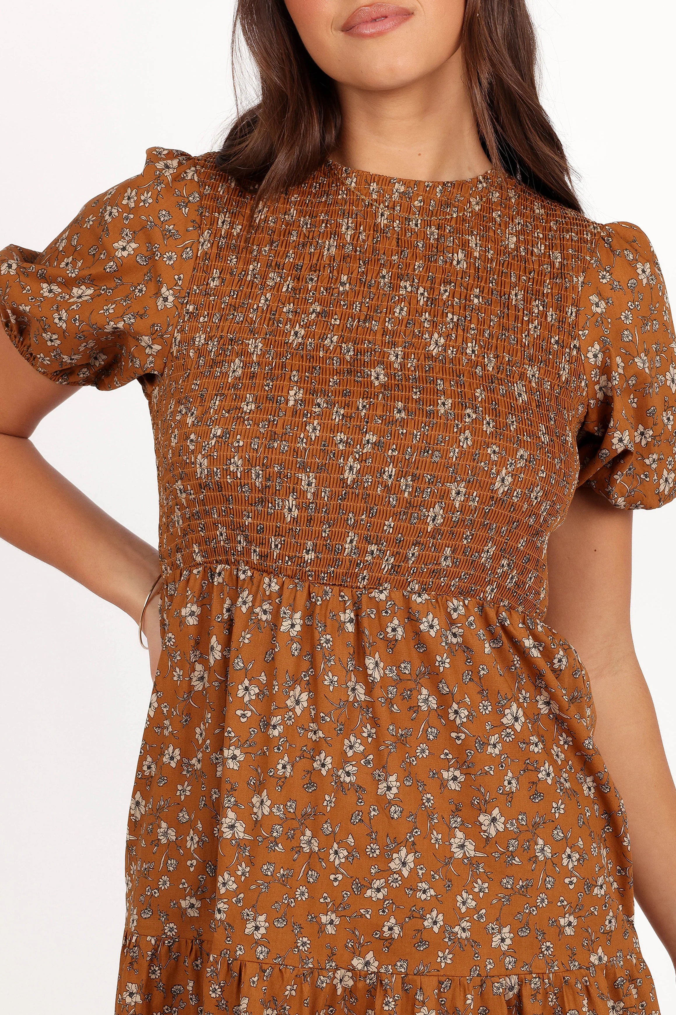 Naura Shirred Tiered Midi Dress - Cognac Floral - Image 9