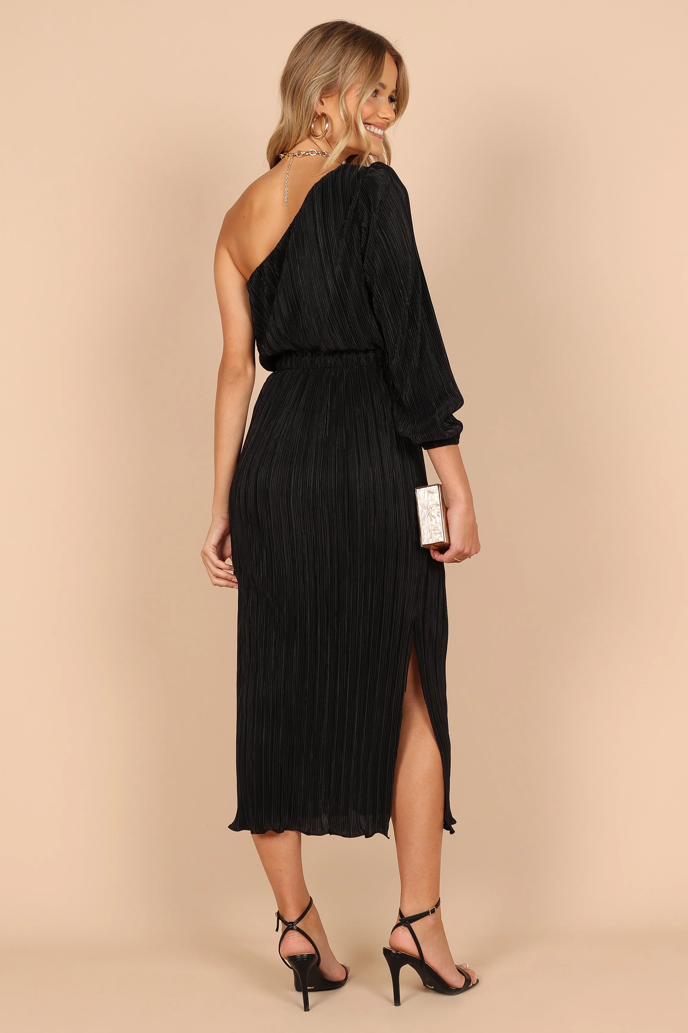 Pontee One Shoulder Pleated Midi Dress - Black - Image 4