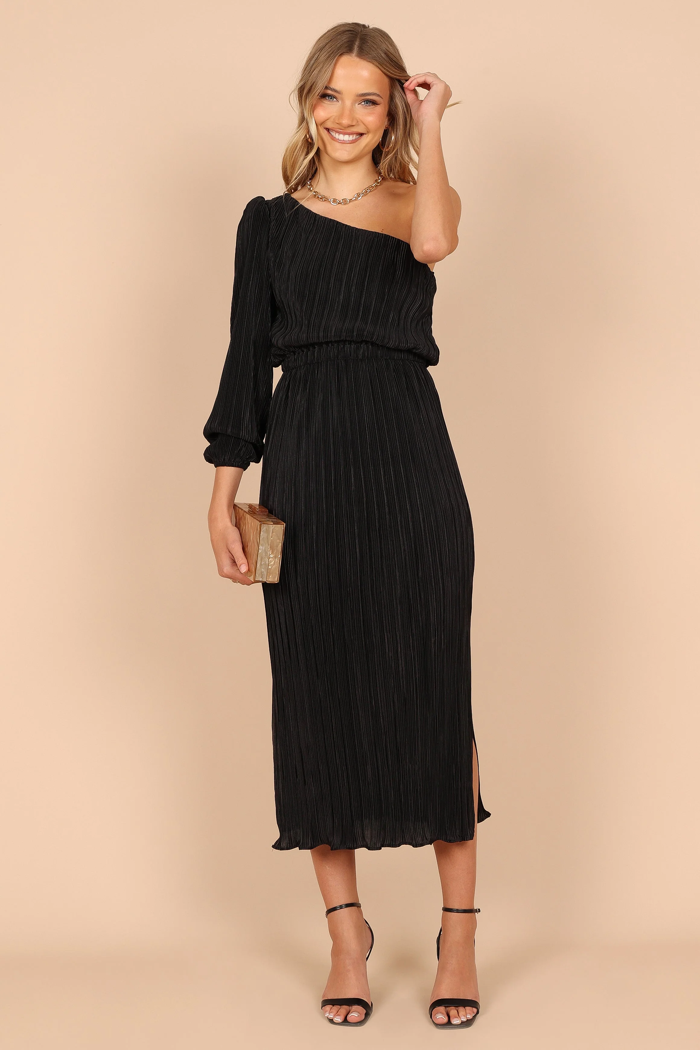 Pontee One Shoulder Pleated Midi Dress - Black - Image 5