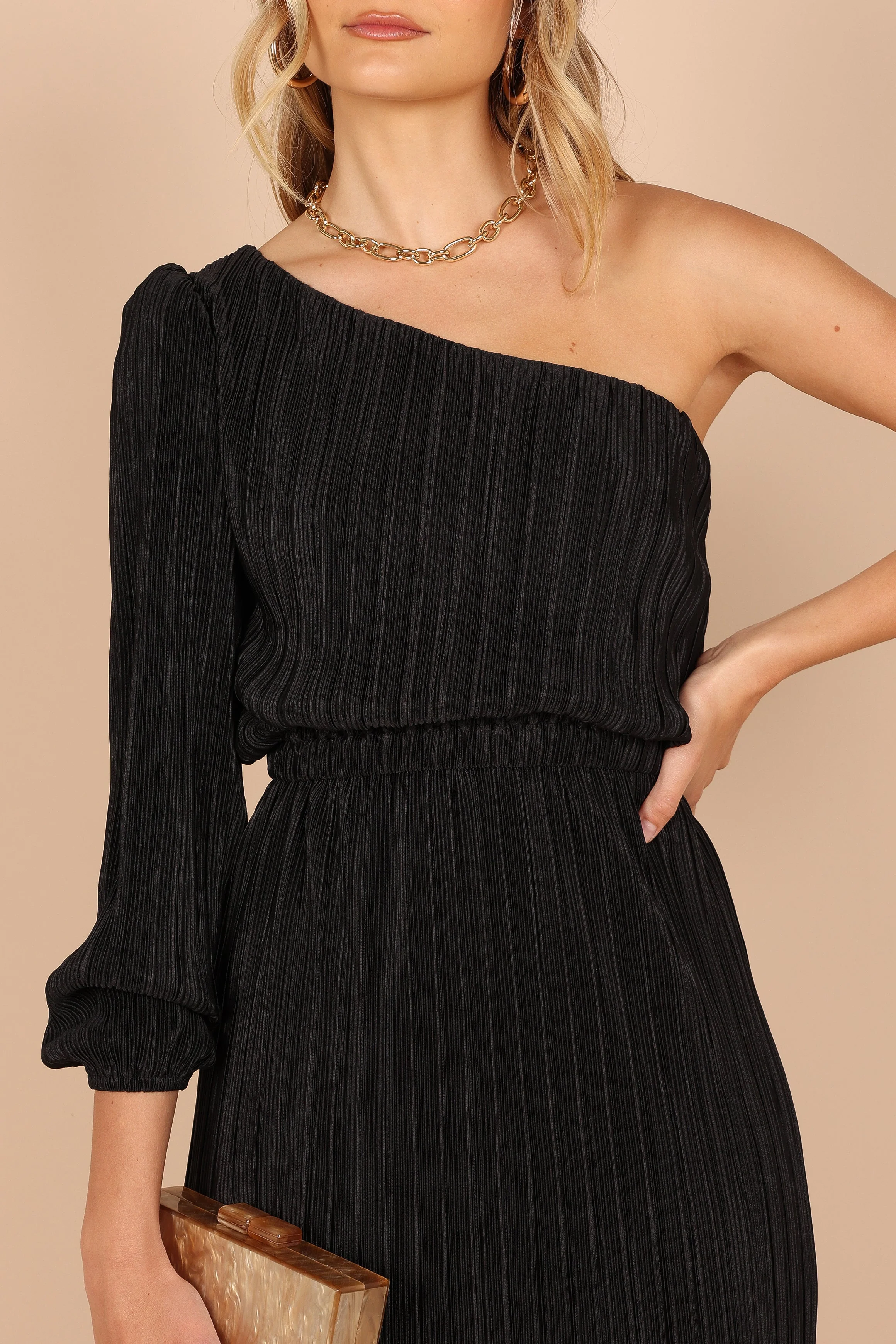 Pontee One Shoulder Pleated Midi Dress - Black - Image 6