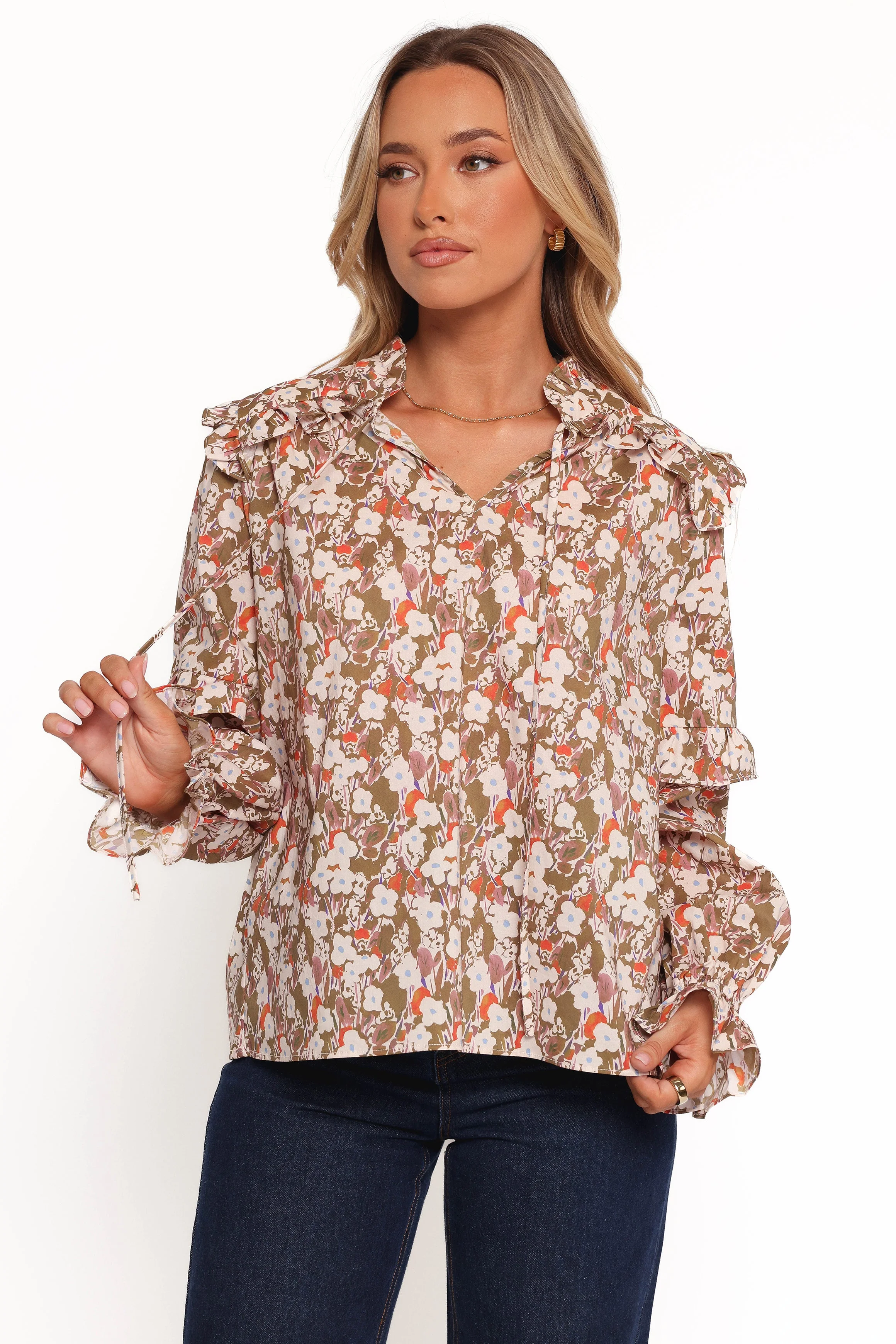 Selmah Long Sleeve Top - Cream Olive Orange - Image 8
