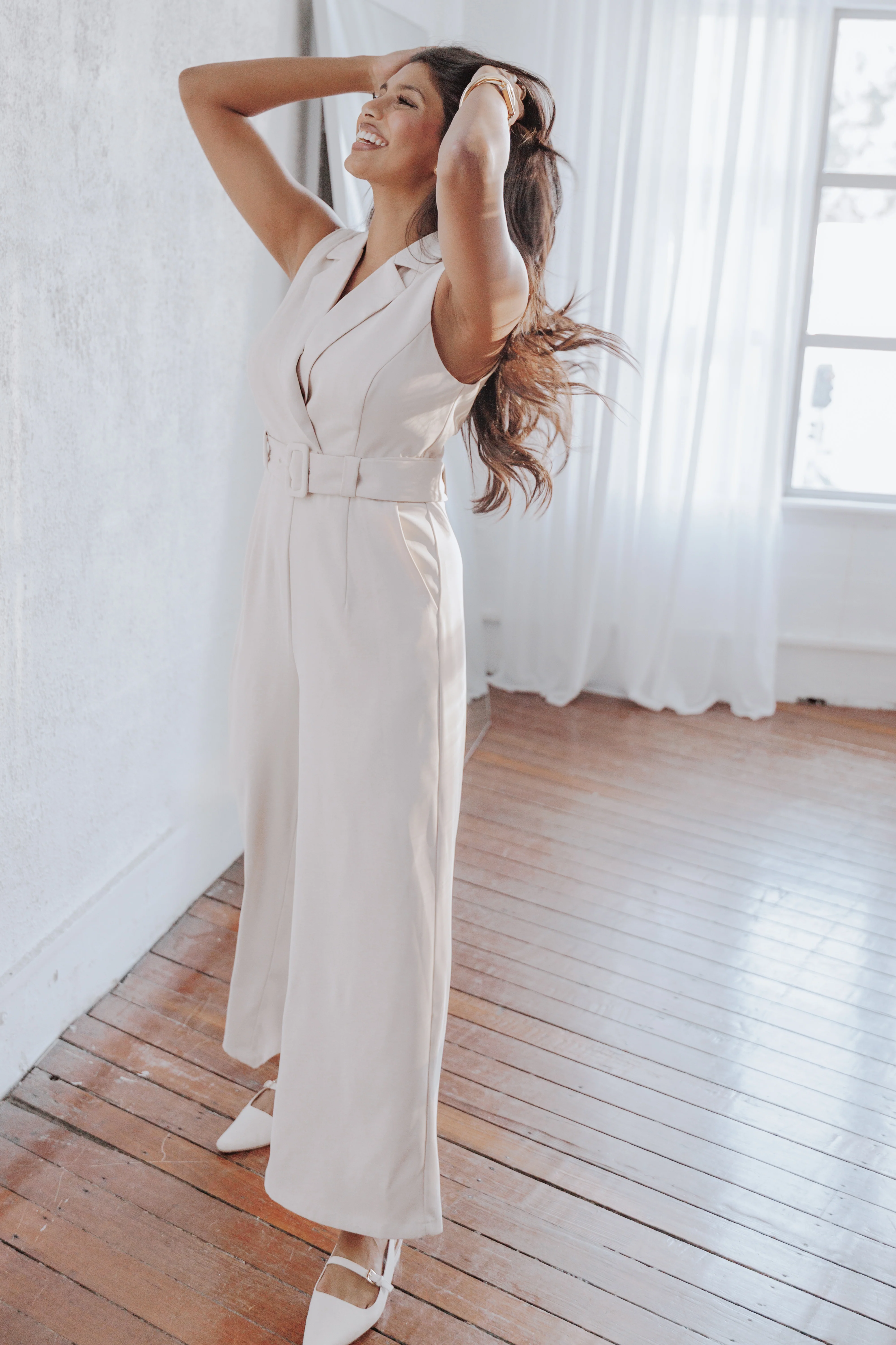 Sienna Belted Jumpsuit - Beige - Image 7