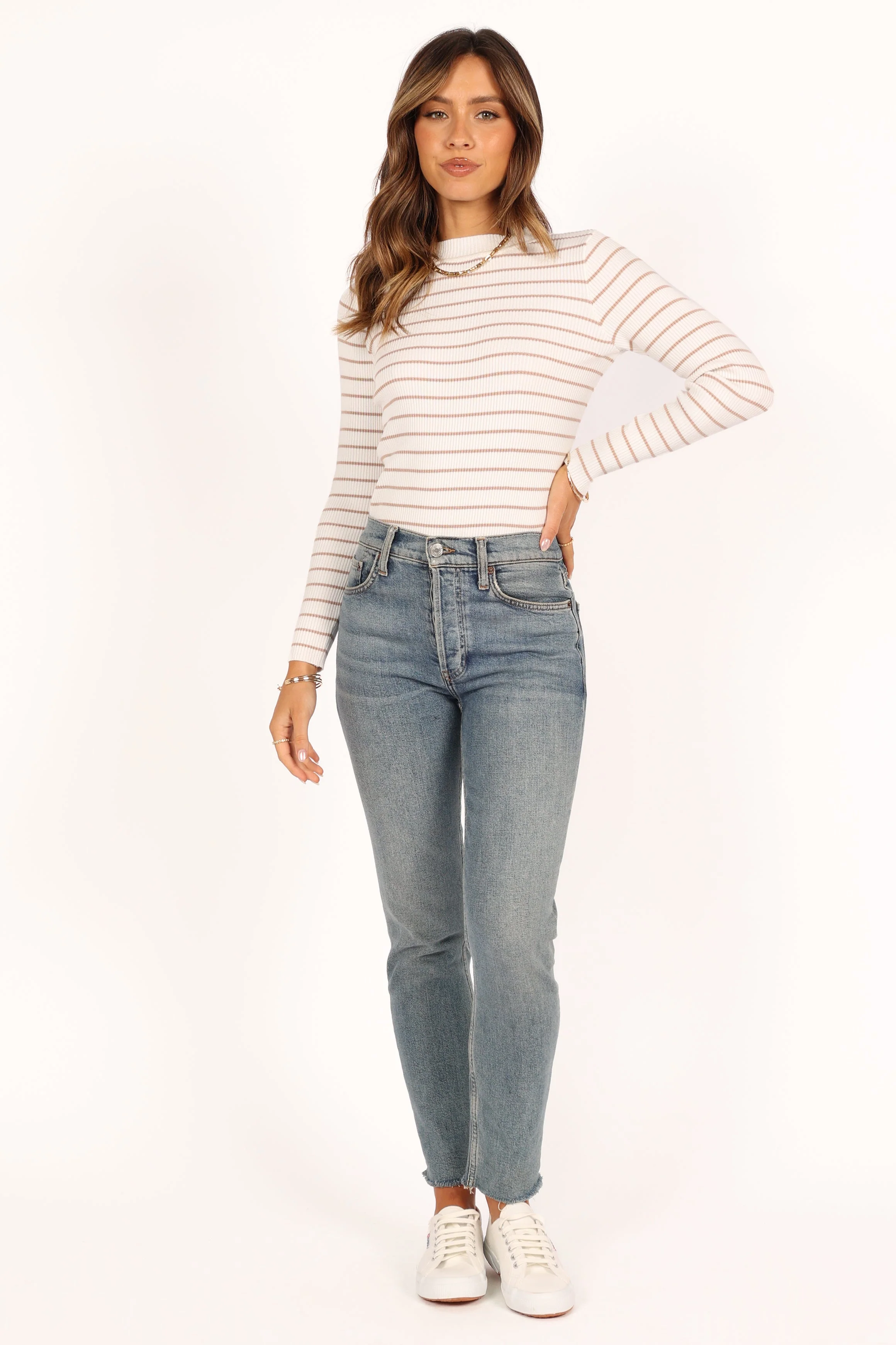 Stacie Ribbed Knit Top - Beige Stripe - Image 5